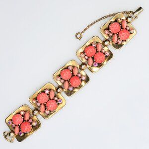 Vintage Schiaparelli Pink Cabochon and AB Rhinestones Panel‎ Bracelet 1950s